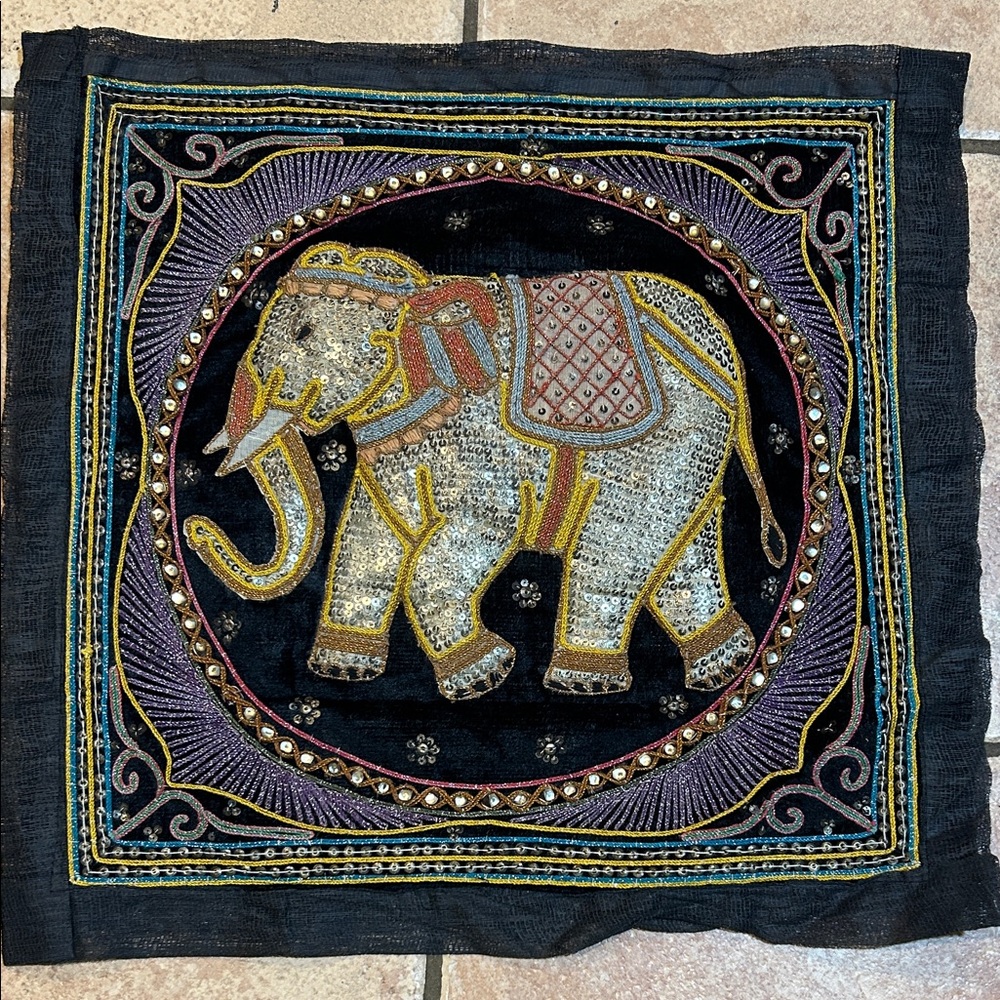 Kalaga tapestry, a traditional Burmese (Myanmar) Elephant design, 21” W x 20”L